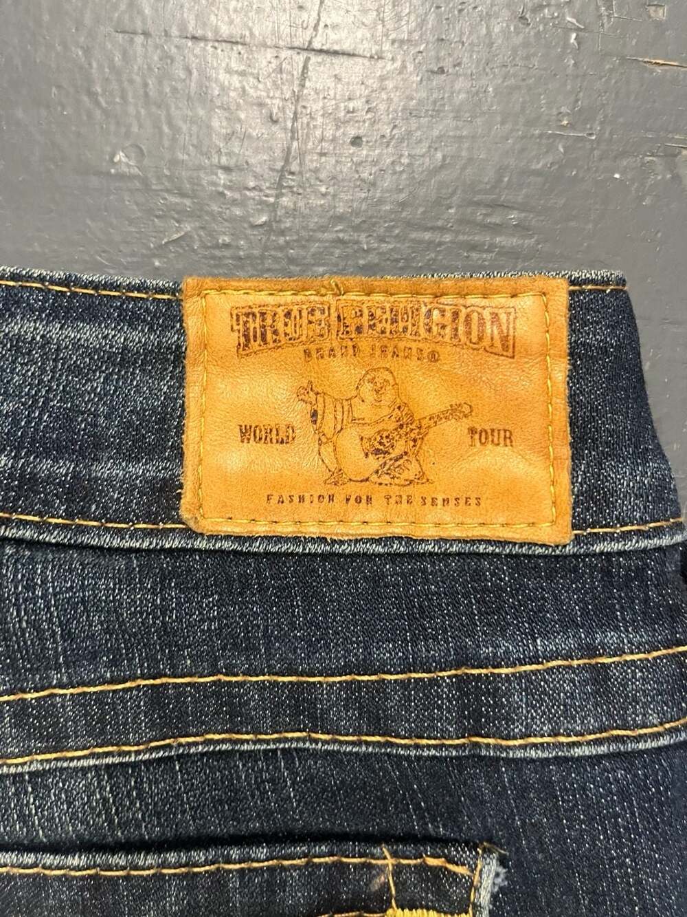 True Religion Women's Dark Wash Flare Jeans with Yellow Stitching, Size 28 - Picture 4 of 11